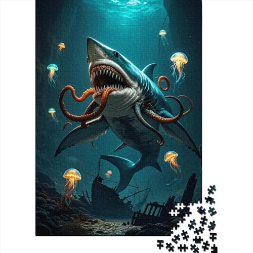 1000 Teile Hai Puzzle Für Erwachsene Und Kinder Holzpuzzle Geduldspiel Tiefsee-Monster-Hai Puzzles Wohndekoration Einzigartiges Geschenk 1000pcs (75x50cm) von WXLWHR