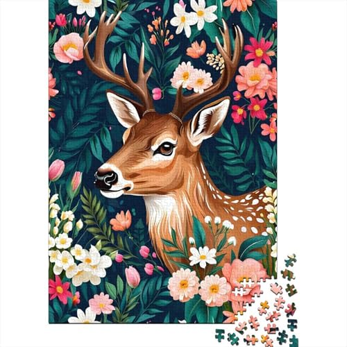 1000 Teile Hirsch Puzzle Für Erwachsene Und Kinder Holzpuzzle Geduldspiel Hirsch-Blumen-Pflanzen Puzzles Wohndekoration Geschenk Zu Weihnachten 1000pcs (75x50cm) von WXLWHR