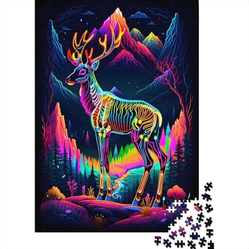 1000 Teile Hirsch Puzzle Für Erwachsene Und Kinder Holzpuzzle Pädagogisches Spiel Neonhirsch-Bergwald Puzzles Wohndekoration Geschenk Für Erwachsene 1000pcs (75x50cm) von WXLWHR