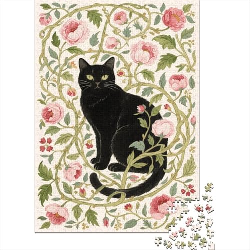 1000 Teile Katze Puzzle Für Erwachsene Und Kinder Holzpuzzle Geduldspiel Schwarze-Katze-Pfingstrose Puzzles Wohndekoration Unique Gift 1000pcs (75x50cm) von WXLWHR