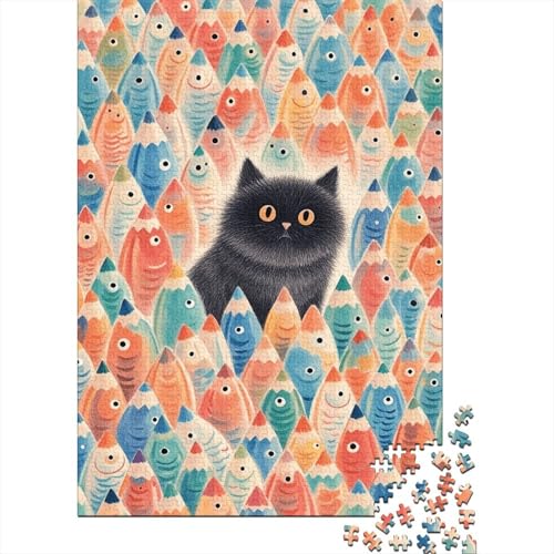 1000 Teile Katze Puzzle Für Erwachsene Und Kinder Holzpuzzle Pädagogisches Spiel Schwarze-Katze-Bunte-Fische Puzzle Wohndekoration Geschenkideen 1000pcs (75x50cm) von WXLWHR