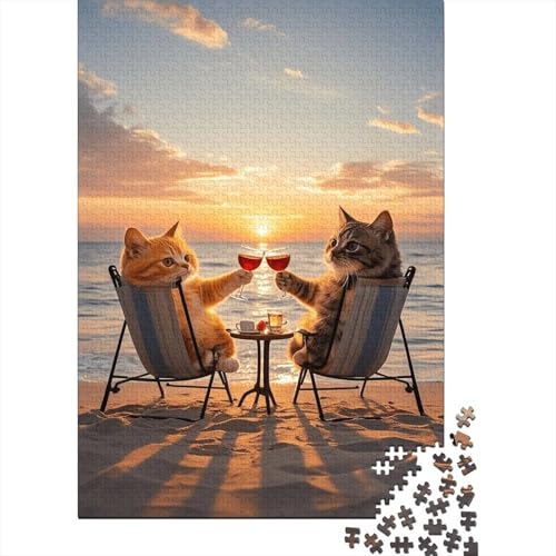1000 Teile Katze Puzzle Für Erwachsene Und Kinder Holzpuzzle Pädagogisches Spiel Zwei-Katzen-Sonnenuntergang-Strand Puzzles Wohndekoration Geschenk Zu Weihnachten 1000pcs (75x50cm) von WXLWHR