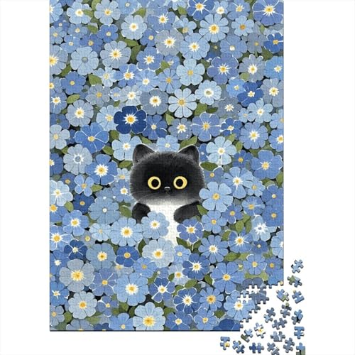 1000 Teile Schwarzes Kätzchen Puzzle Für Erwachsene Und Kinder Holzpuzzle Geduldspiel Schwarzes-Kätzchen-Blaue-Blumen Puzzle Wohndekoration Einzigartiges Geschenk 1000pcs (75x50cm) von WXLWHR
