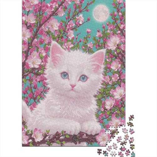 1000 Teile Weißes Kätzchen Puzzle Für Erwachsene Und Kinder Holzpuzzle Pädagogisches Spiel Weißes-Kätzchen-Kirschbaum-Mondlicht Puzzle Wohndekoration Geschenk Für Kinder 1000pcs (75x50cm) von WXLWHR