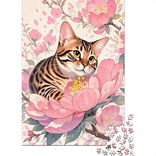 Bengalkatze Rote Blüten Puzzle 1000 Teile Holzspielzeug, Erwachsene & Kinder Ab 14 Jahren, Klassische Puzzles, Legespiel, Moderne Wohnkultur, Einzigartiges Geschenk 1000pcs (75x50cm) von WXLWHR