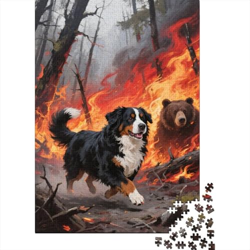 Berner Sennenhund Braunbär Wildfeuer Puzzle 1000 Teile Holzspielzeug, Jugendliche & Erwachsene, Klassische Puzzles, Schwer, Moderne Wohnkultur, Geschenk 1000pcs (75x50cm) von WXLWHR