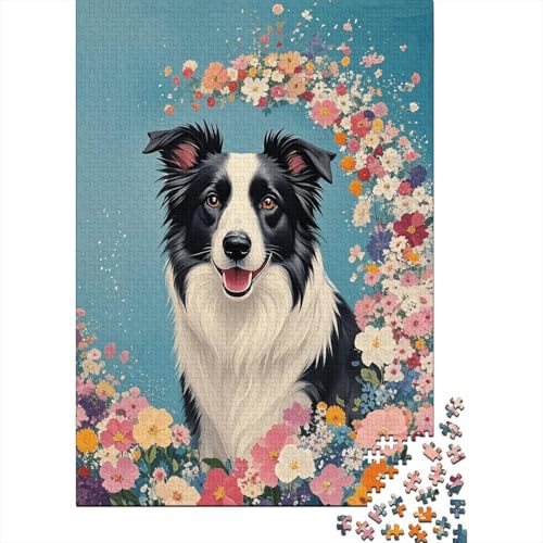 Border Collie Blumen Puzzle 1000 Teile Holzspielzeug, Jugendliche & Erwachsene, Klassische Puzzles, Lernspiel, Wohnkultur, Geschenkideen 1000pcs (75x50cm) von WXLWHR