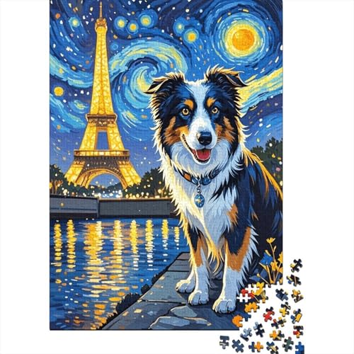 Border Collie Eiffelturm Puzzle 1000 Teile Holzspielzeug, Erwachsene & Kinder Ab 14 Jahren, Klassische Puzzles, Legespiel, Moderne Wohnkultur, Geschenkideen 1000pcs (75x50cm) von WXLWHR