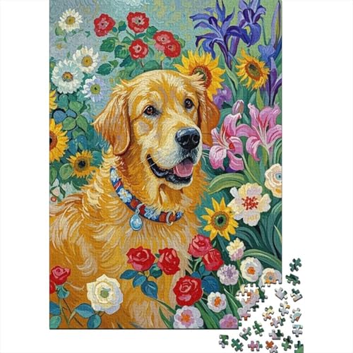 Golden Retriever Bunte Blumen Puzzle 1000 Teile Holzspielzeug, Erwachsene & Kinder Ab 14 Jahren, Klassische Puzzles, Legespiel, Home Dekoration, Einzigartiges Geschenk 1000pcs (75x50cm) von WXLWHR