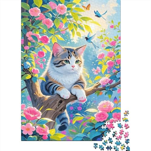 Kartäuserkatze Rote Blumen Vögel Puzzle 1000 Teile Holzspielzeug, Erwachsene & Kinder Ab 14 Jahren, Klassische Puzzles, Legespiel, Wohnkultur, Geschenk 1000pcs (75x50cm) von WXLWHR