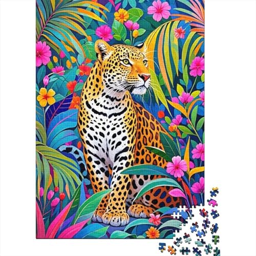 Leopard in Blumenpflanzen Puzzle 1000 Teile Holzspielzeug, Jugendliche & Erwachsene, Klassische Puzzles, Schwer, Home Dekoration, Geschenk 1000pcs (75x50cm) von WXLWHR