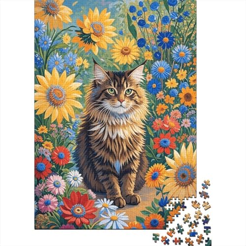 Maine Coon Mehrfarbige Blüten Puzzle 1000 Teile Holzspielzeug, Erwachsene & Kinder Ab 14 Jahren, Klassische Puzzles, Legespiel, Moderne Wohnkultur, Geschenk 1000pcs (75x50cm) von WXLWHR