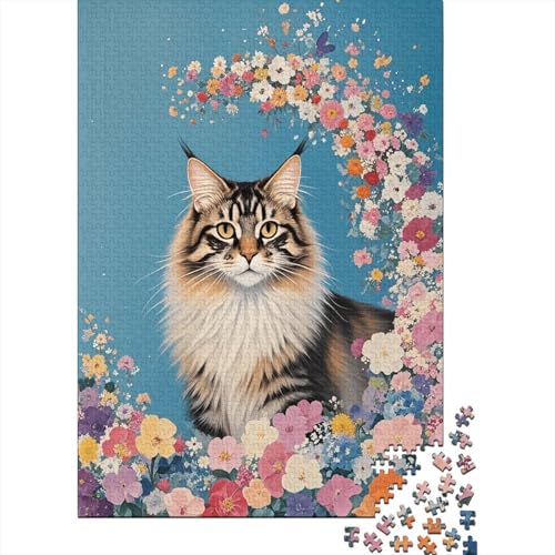 Maine Coon mit Blumen Puzzle 1000 Teile Holzspielzeug, Jugendliche & Erwachsene, Klassische Puzzles, Lernspiel, Home Dekoration, Geschenkideen 1000pcs (75x50cm) von WXLWHR