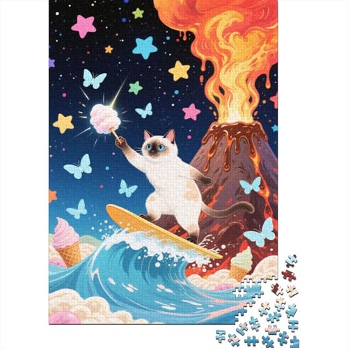 Puzzle 1000 Teile Birma-Katze Surft Holzspielzeug Für Erwachsene & Kinder, Klassische Puzzles, Herausforderung, Moderne Wohnkultur, Geschenkideen 1000pcs (75x50cm) von WXLWHR
