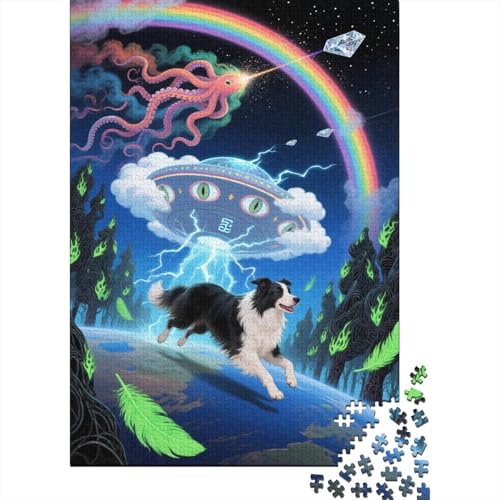 Puzzle 1000 Teile Border Collie UFO Holzspielzeug Für Erwachsene & Kinder, Klassische Puzzles, Lernspiel, Home Dekoration, Geschenk 1000pcs (75x50cm) von WXLWHR