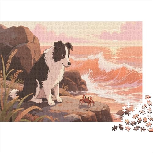Puzzle 1000 Teile Border Collie hockt auf dem Riff Holzspielzeug Für Erwachsene & Kinder, Klassische Puzzles, Schwer, Moderne Wohnkultur, Einzigartiges Geschenk 1000pcs (75x50cm) von WXLWHR