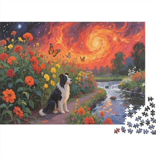 Puzzle 1000 Teile Border Collie hockt bei den Blumen Holzspielzeug Für Erwachsene & Kinder, Klassische Puzzles, Schwer, Wohnkultur, Einzigartiges Geschenk 1000pcs (75x50cm) von WXLWHR