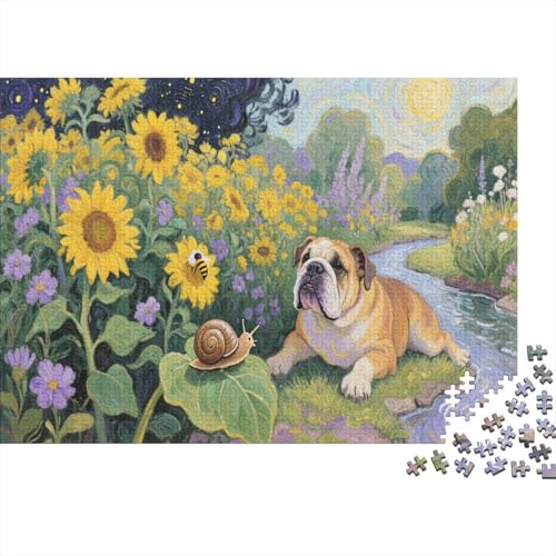 Puzzle 1000 Teile Bulldogge liegt neben Sonnenblumenbüschen Holzspielzeug Für Erwachsene & Kinder, Klassische Puzzles, Schwer, Moderne Wohnkultur, Geschenkideen 1000pcs (75x50cm) von WXLWHR