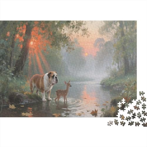 Puzzle 1000 Teile Bulldogge nähert Sich Hirsch am Fluss Holzspielzeug Für Erwachsene & Kinder, Klassische Puzzles, Schwer, Wohnkultur, Einzigartiges Geschenk 1000pcs (75x50cm) von WXLWHR
