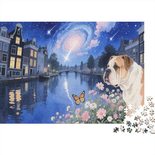 Puzzle 1000 Teile Bulldoggen in Blumen unter Sternenhimmel Holzspielzeug Für Erwachsene & Kinder, Klassische Puzzles, Schwer, Home Dekoration, Einzigartiges Geschenk 1000pcs (75x50cm) von WXLWHR