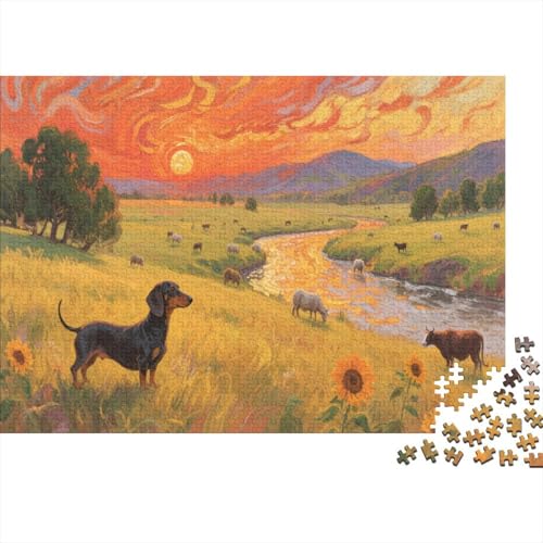 Puzzle 1000 Teile Dackel auf der goldenen Wiese Holzspielzeug Für Erwachsene & Kinder, Klassische Puzzles, Schwer, Wohnkultur, Geschenk 1000pcs (75x50cm) von WXLWHR