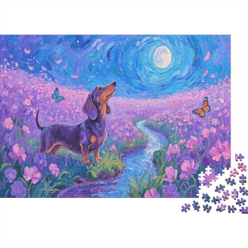 Puzzle 1000 Teile Dackel im lila Blumenmeer Holzspielzeug Für Erwachsene & Kinder, Klassische Puzzles, Schwer, Wohnkultur, Geschenk 1000pcs (75x50cm) von WXLWHR