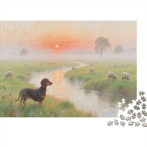 Puzzle 1000 Teile Dackel in der Flusswiese Holzspielzeug Für Erwachsene & Kinder, Klassische Puzzles, Schwer, Wohnkultur, Geschenkideen 1000pcs (75x50cm) von WXLWHR