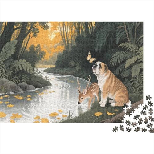 Puzzle 1000 Teile Die Bulldogge kauert neben dem Hirsch Holzspielzeug Für Erwachsene & Kinder, Klassische Puzzles, Schwer, Wohnkultur, Einzigartiges Geschenk 1000pcs (75x50cm) von WXLWHR