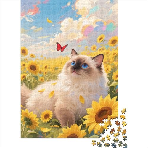 Puzzle 1000 Teile Perserkatze in Sonnenblumenfeldern Holzspielzeug Für Erwachsene & Kinder, Klassische Puzzles, Lernspiel, Moderne Wohnkultur, Geschenkideen 1000pcs (75x50cm) von WXLWHR