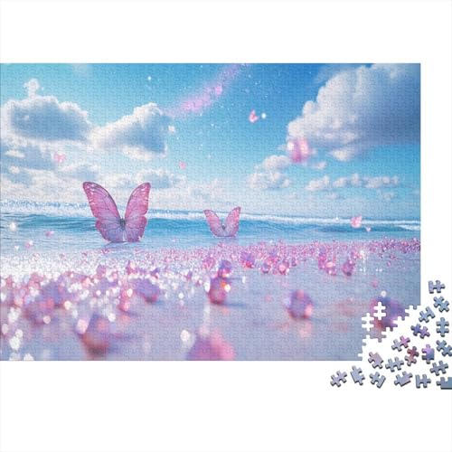 Puzzle 1000 Teile Rosa Schmetterlinge am Meer Holzspielzeug Für Erwachsene & Kinder, Klassische Puzzles, Schwer, Moderne Wohnkultur, Geschenkideen 1000pcs (75x50cm) von WXLWHR