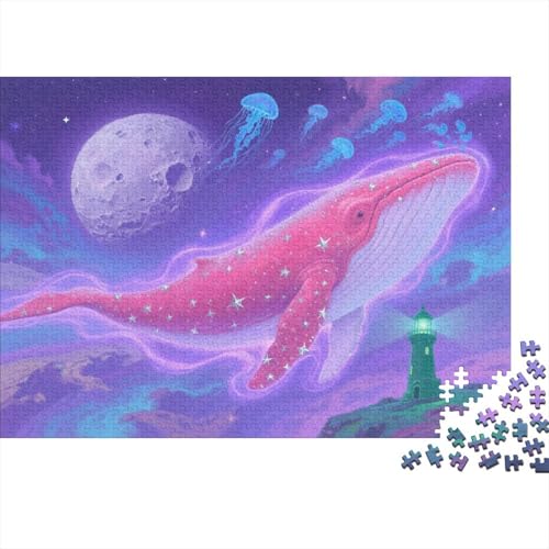 Puzzle 1000 Teile Rosa Wal am Leuchtturm mit Quallen Holzspielzeug Für Erwachsene & Kinder, Klassische Puzzles, Herausforderungsspielzeug, Wohnkultur, Geschenk 1000pcs (75x50cm) von WXLWHR