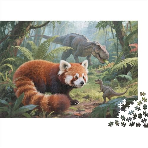 Puzzle 1000 Teile Roter Panda mit Dinosaurier Holzspielzeug Für Erwachsene & Kinder, Klassische Puzzles, Herausforderung, Home Dekoration, Einzigartiges Geschenk 1000pcs (75x50cm) von WXLWHR