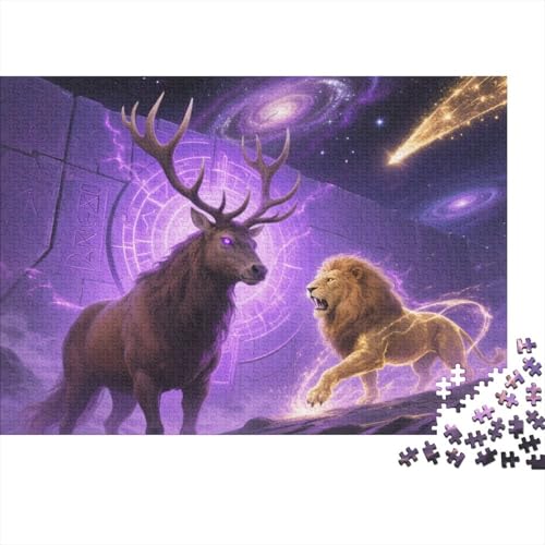 Puzzle 1000 Teile Rothirsch mit Löwe Holzspielzeug, Erwachsene & Kinder, Klassische Puzzles, Legespiel, Wohnkultur, Geschenk 1000pcs (75x50cm) von WXLWHR