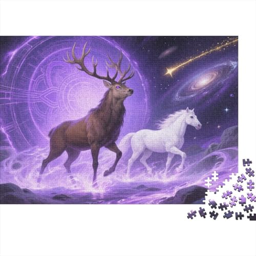 Puzzle 1000 Teile Rothirsch mit weißem Pferd Holzspielzeug, Erwachsene & Kinder, Klassische Puzzles, Impossible Geschicklichkeitsspiel, Wohnkultur, Geschenk 1000pcs (75x50cm) von WXLWHR