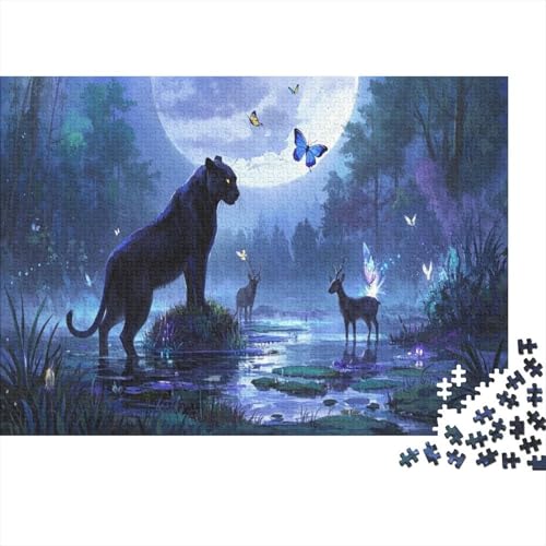 Puzzle 1000 Teile Schwarzer Panther-Waldhirsch Holzspielzeug Für Erwachsene & Kinder, Klassische Puzzles, Herausforderung, Home Dekoration, Geschenk 1000pcs (75x50cm) von WXLWHR
