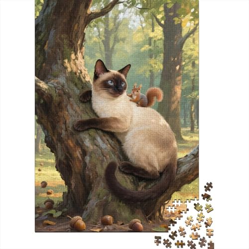 Puzzle 1000 Teile Siamkatze und Eichhörnchen Holzspielzeug Für Erwachsene & Kinder, Klassische Puzzles, Herausforderung, Wohnkultur, Geschenk 1000pcs (75x50cm) von WXLWHR