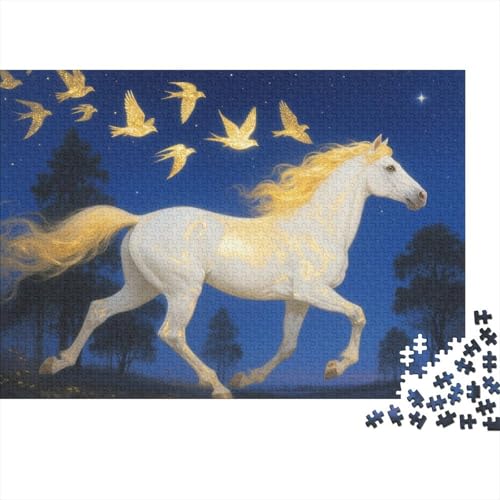 Puzzle 1000 Teile Weißes Pferd mit goldenen Vögeln Holzspielzeug Für Erwachsene & Kinder, Klassische Puzzles, Herausforderungsspielzeug, Wohnkultur, Geschenkideen 1000pcs (75x50cm) von WXLWHR