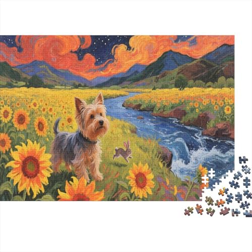 Puzzle 1000 Teile Yorkshire Terrier Sonnenblumenfeld Holzspielzeug Für Erwachsene & Kinder, Klassische Puzzles, Schwer, Wohnkultur, Geschenk 1000pcs (75x50cm) von WXLWHR