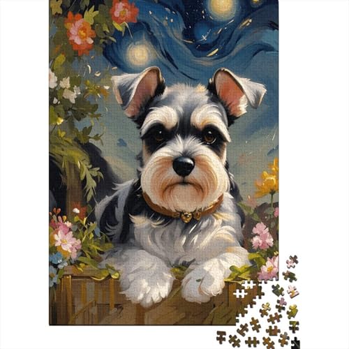 Schnauzer Sterne und Blüten Puzzle 1000 Teile Holzspielzeug, Jugendliche & Erwachsene, Klassische Puzzles, Schwer, Moderne Wohnkultur, Geschenk 1000pcs (75x50cm) von WXLWHR