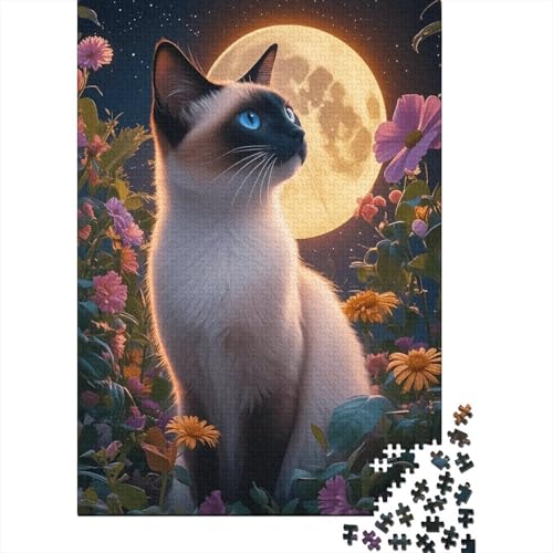 Siamkatze Chrysantheme Mondschein Puzzle 1000 Teile Holzspielzeug, Jugendliche & Erwachsene, Klassische Puzzles, Lernspiel, Moderne Wohnkultur, Geschenk 1000pcs (75x50cm) von WXLWHR