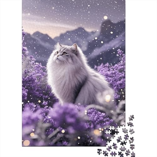 Sibirische Katze Sternenlicht Lila Blumen Puzzle 1000 Teile Holzspielzeug, Erwachsene & Kinder Ab 14 Jahren, Klassische Puzzles, Legespiel, Moderne Wohnkultur, Geschenkideen 1000pcs (75x50cm) von WXLWHR