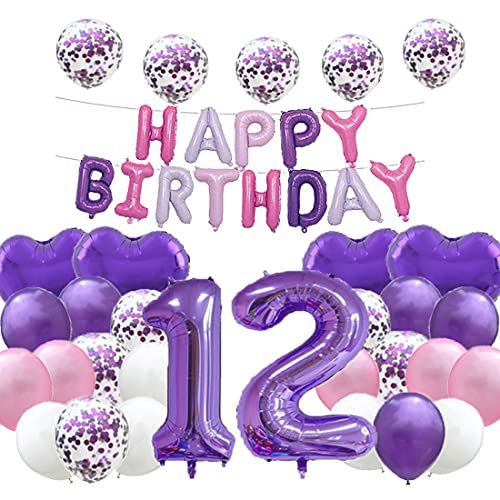 Süßer 12. Geburtstag Ballon 12. Geburtstag Dekorationen Happy 12th Birthday Party Supplies lila Zahl 12 Folienballons Latex Ballon Geschenke für Mädchen, Jungen, Frauen, Männer von WXLWXZ