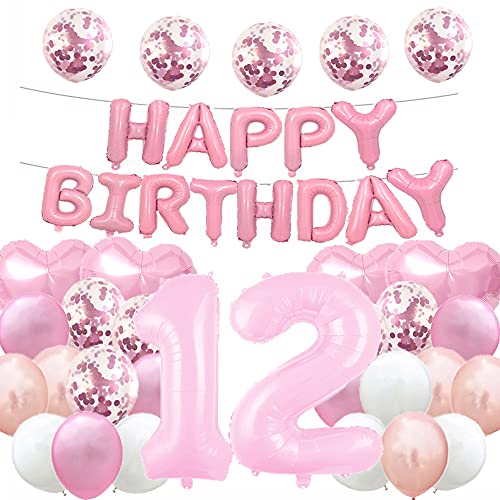 Süßer 12. Geburtstag Ballon 12. Geburtstag Dekorationen Happy 12th Birthday Party Supplies rosa Zahl 12 Folie Mylar-Ballons Latex Ballon Geschenke für Mädchen, Jungen, Frauen, Männer von WXLWXZ