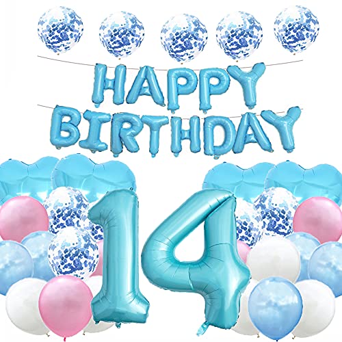 WXLWXZ Riesiger Luftballon zum 14. Geburtstag, Dekoration zum 14. Geburtstag, Happy 14 Years Old Birthday, Partyzubehör für Damen und Herren, Blau von WXLWXZ