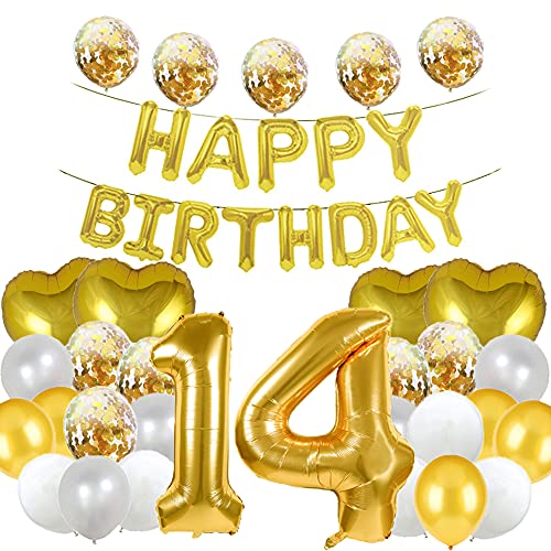 WXLWXZ Riesiger Luftballon zum 14. Geburtstag, Dekoration zum 14. Geburtstag, 101,6 cm, Happy 14 Years Old Birthday, Partyzubehör für Damen, Herren (Gold) von WXLWXZ