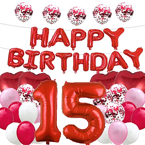 Süßer 15. Geburtstag Ballon 15. Geburtstag Dekorationen Happy 15th Birthday Party Supplies Rote Zahl 15 Folie Mylar-Ballons Latex Ballon Geschenke für Mädchen, Jungen, Frauen, Männer von WXLWXZ