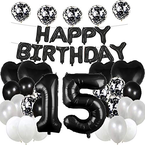 Süßer 15. Geburtstag Ballon 15. Geburtstag Dekorationen Happy 15th Birthday Party Supplies Schwarze Zahl 15 Folie Mylar-Luftballons Latex Ballon Geschenke für Mädchen, Jungen, Frauen, Männer von WXLWXZ