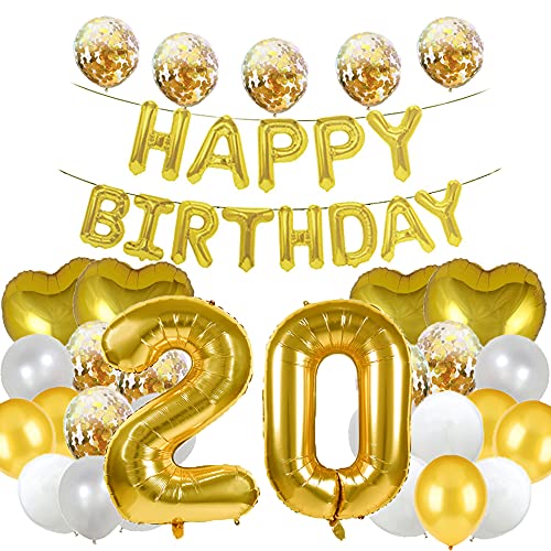 WXLWXZ Riesiger Ballon zum 20. Geburtstag, Dekoration zum 20. Geburtstag, 20 Stück, 101,6 cm, Happy 20 Years Old Birthday, Partyzubehör für Damen, Herren (Gold) von WXLWXZ