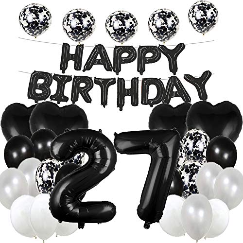 WXLWXZ Süßer Ballon zum 27. Geburtstag, Dekoration zum 27. Geburtstag, Partyzubehör, schwarze Zahl 27, Mylar-Luftballons, Latex-Ballon, Geschenke für Mädchen, Jungen, Frauen, Männer von WXLWXZ