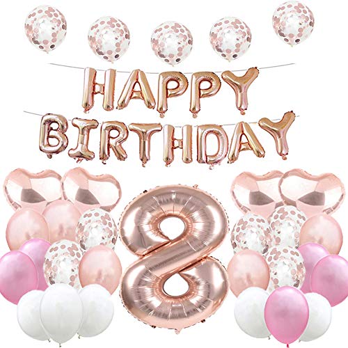 Süßer 8. Geburtstag Ballon 8. Geburtstag Dekorationen Happy 8th Birthday Party Supplies Rose Gold Zahl 8 Folie Mylar-Ballons Latex Ballon Geschenke für Mädchen, Jungen, Frauen, Männer von WXLWXZ